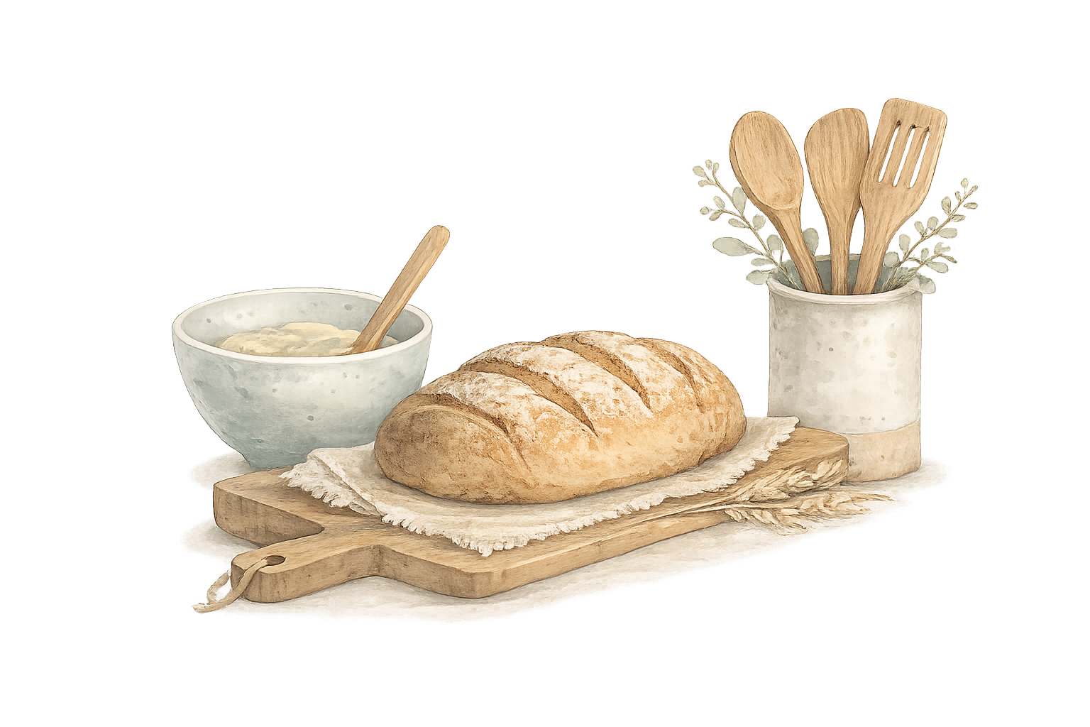 Rustic watercolor illustration of a freshly baked loaf of bread on a wooden cutting board beside a bowl of dough with a wooden spoon and a ceramic utensil crock filled with wooden kitchen utensils.