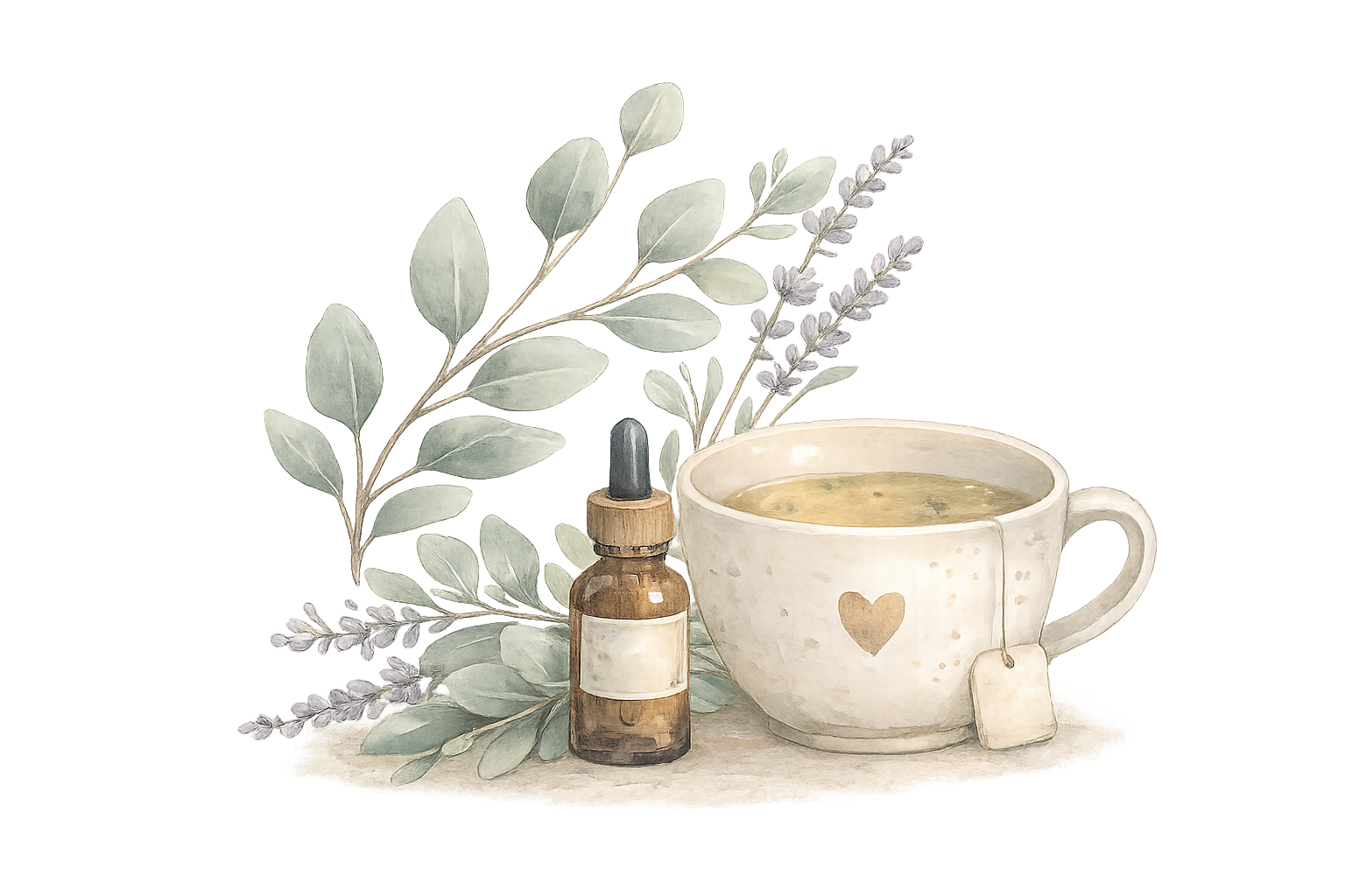 Watercolor illustration of a heart-shaped tea mug with a tea bag, botanical leaves, lavender sprigs, and an amber essential oil bottle on a transparent background.