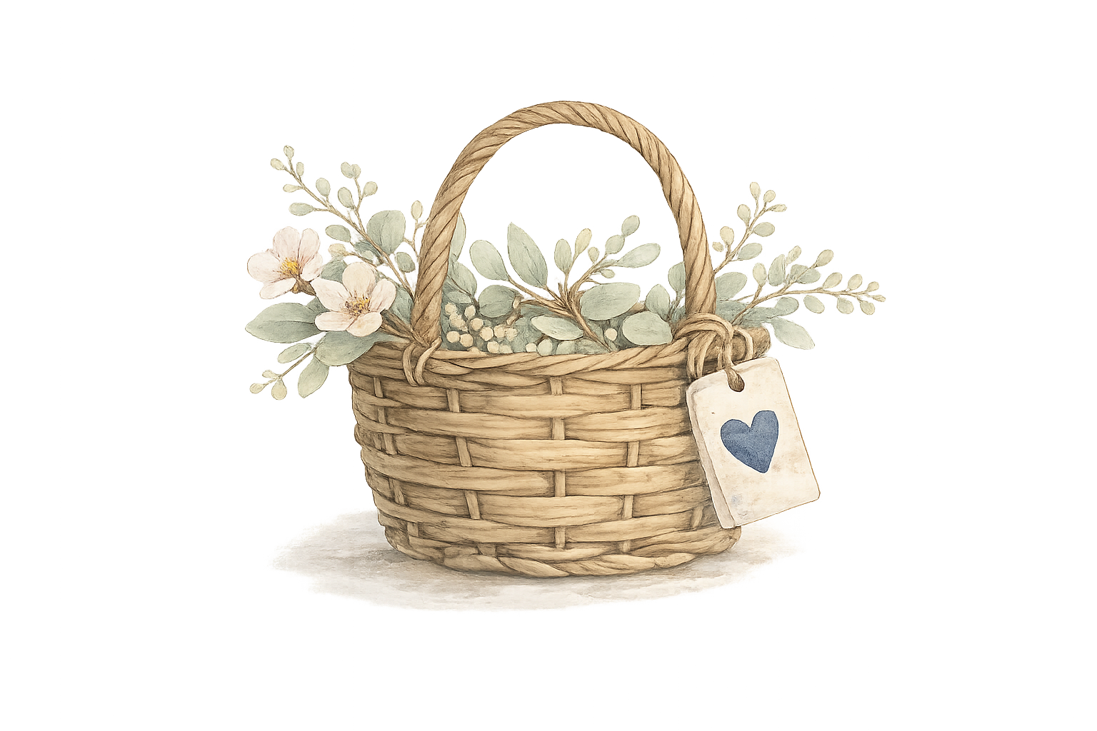Watercolor illustration of a woven wicker basket filled with soft greenery and white flowers, featuring a hanging tag with a blue heart on a transparent background.