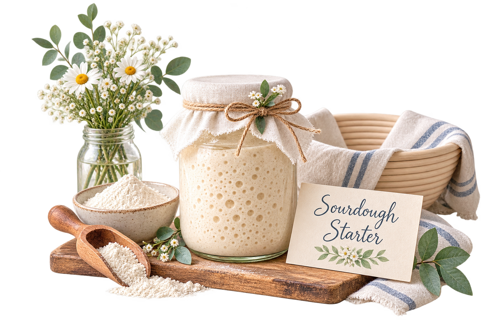 Sourdough starter in a glass jar surrounded by flour, a wooden scoop, a proofing basket, and fresh flowers.