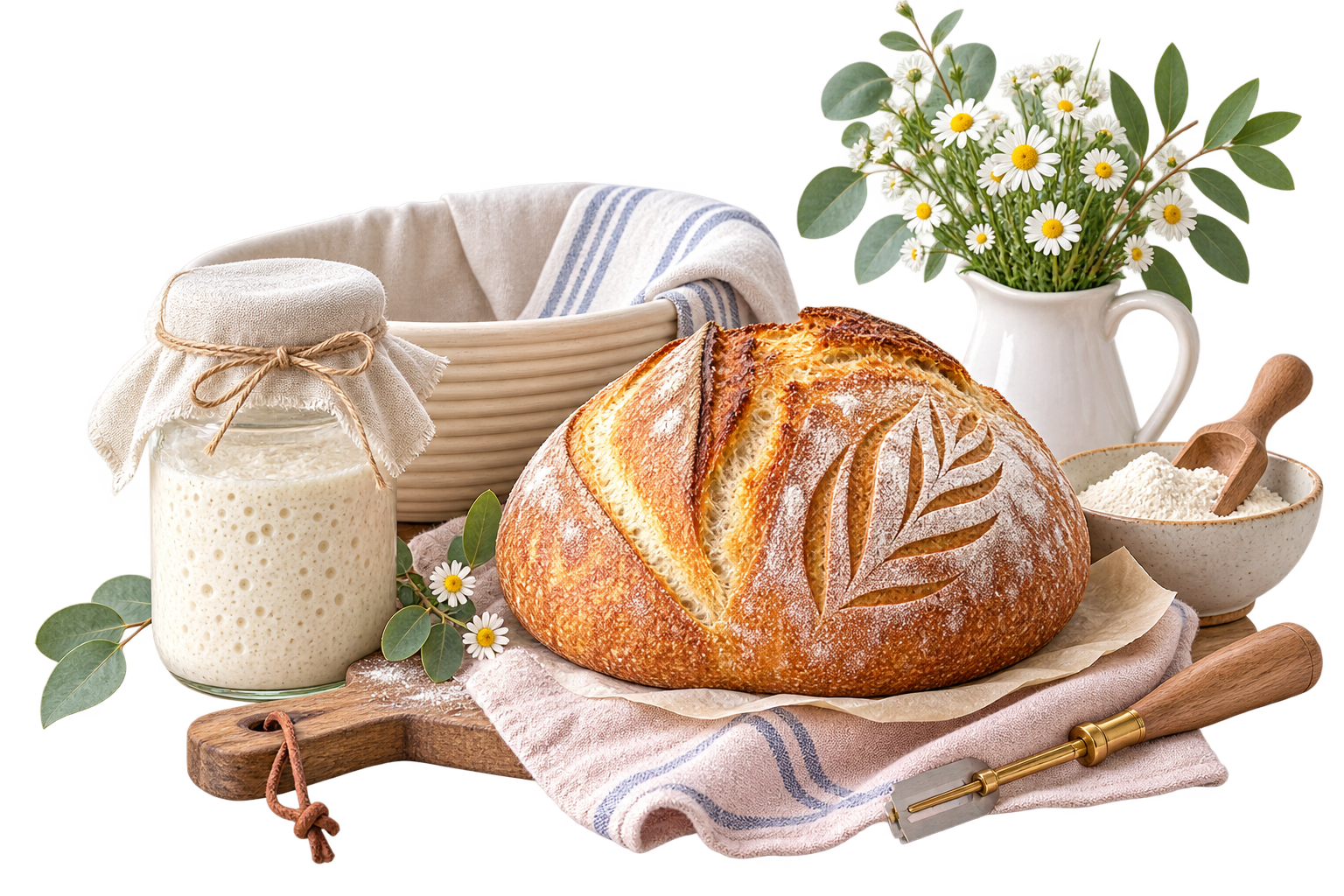 Freshly baked sourdough loaf with decorative scoring, a bubbling sourdough starter, proofing basket, flour, and baking tools arranged on a rustic wooden board with flowers and linen.