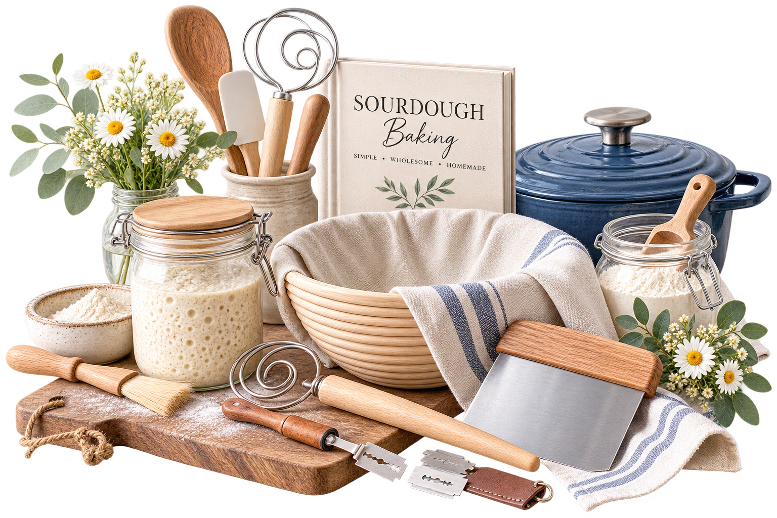 Sourdough baking tools and accessories arranged around a linen-lined proofing basket, active starter, flour jars, wooden utensils, dough scraper, bread scoring tool, and blue Dutch oven.