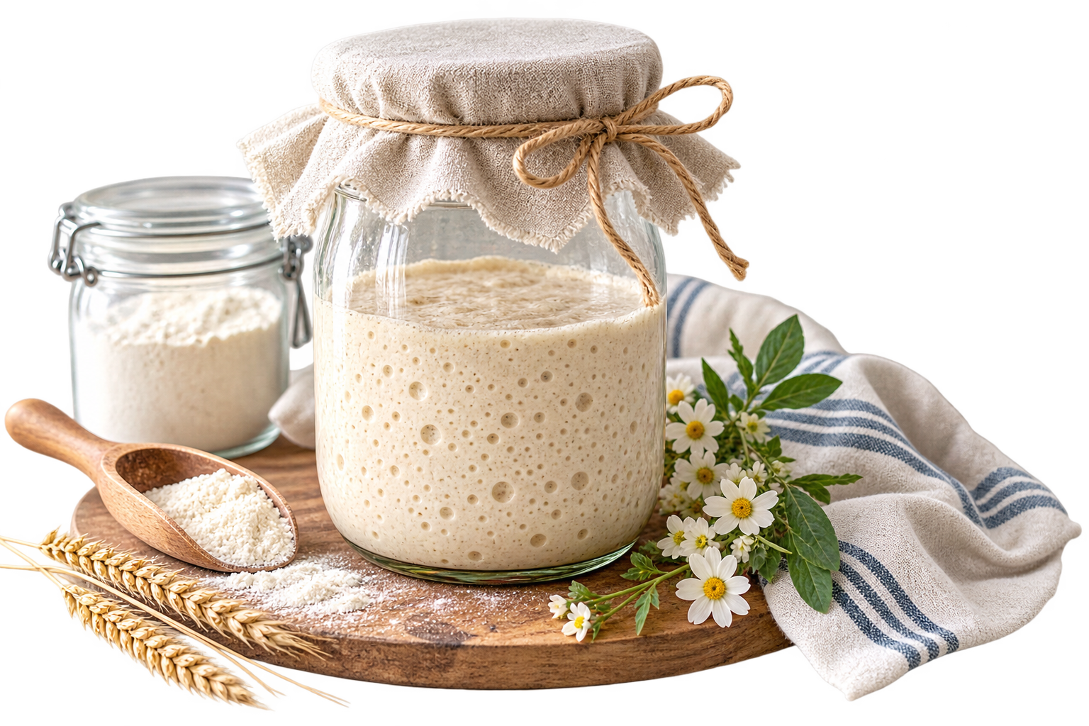 Glass jar filled with active sourdough starter, covered with linen and twine, alongside flour, a wooden scoop, wheat, and fresh flowers on a rustic wooden board.