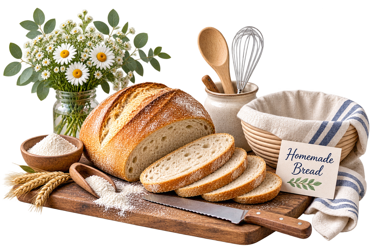 Homemade bread loaf with sliced bread, flour, and baking ingredients