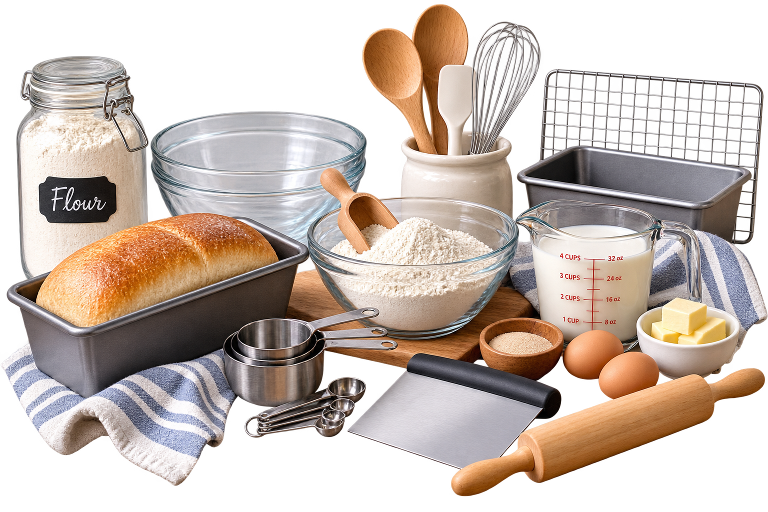 Bread baking essentials including flour, loaf pans, mixing bowls, and baking tools