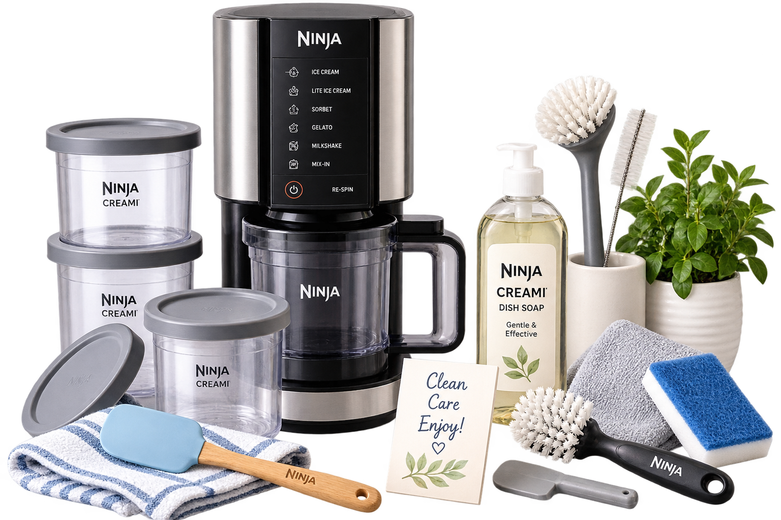 Ninja Creami machine with cleaning brushes and care accessories