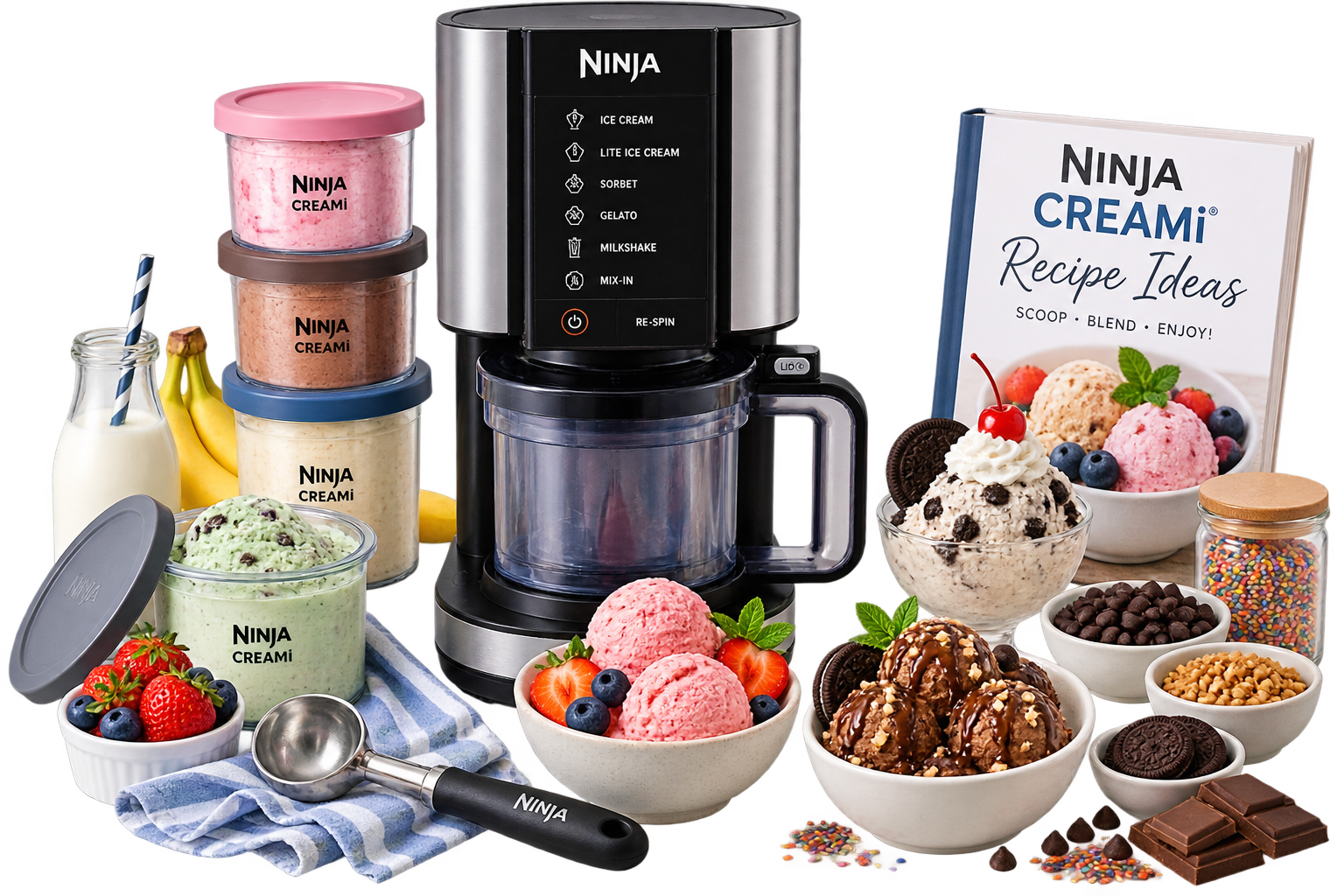 Ninja Creami with frozen desserts and recipe ingredients