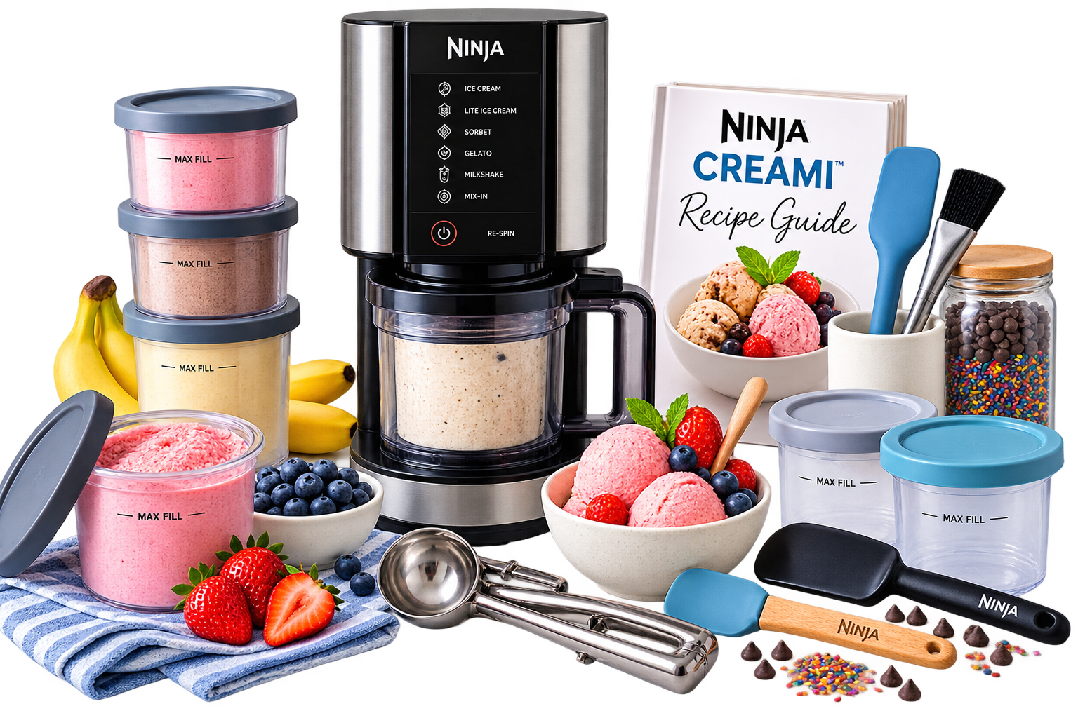 Ninja Creami with containers, utensils, and essential accessories