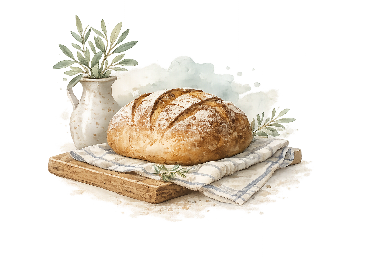 Watercolor illustration of vintage recipe books topped with a glass vase of soft white and blush flowers, beside a sage green mug and a lit candle, creating a warm and inviting farmhouse kitchen scene.