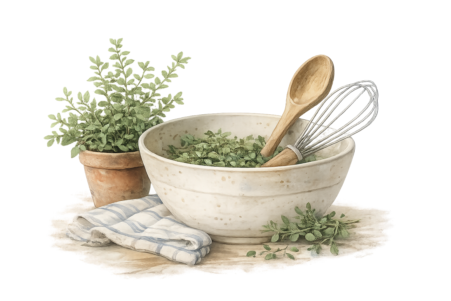 Watercolor illustration of vintage recipe books with a glass vase of white and blush flowers, a sage green mug, and a glowing candle on a transparent background.