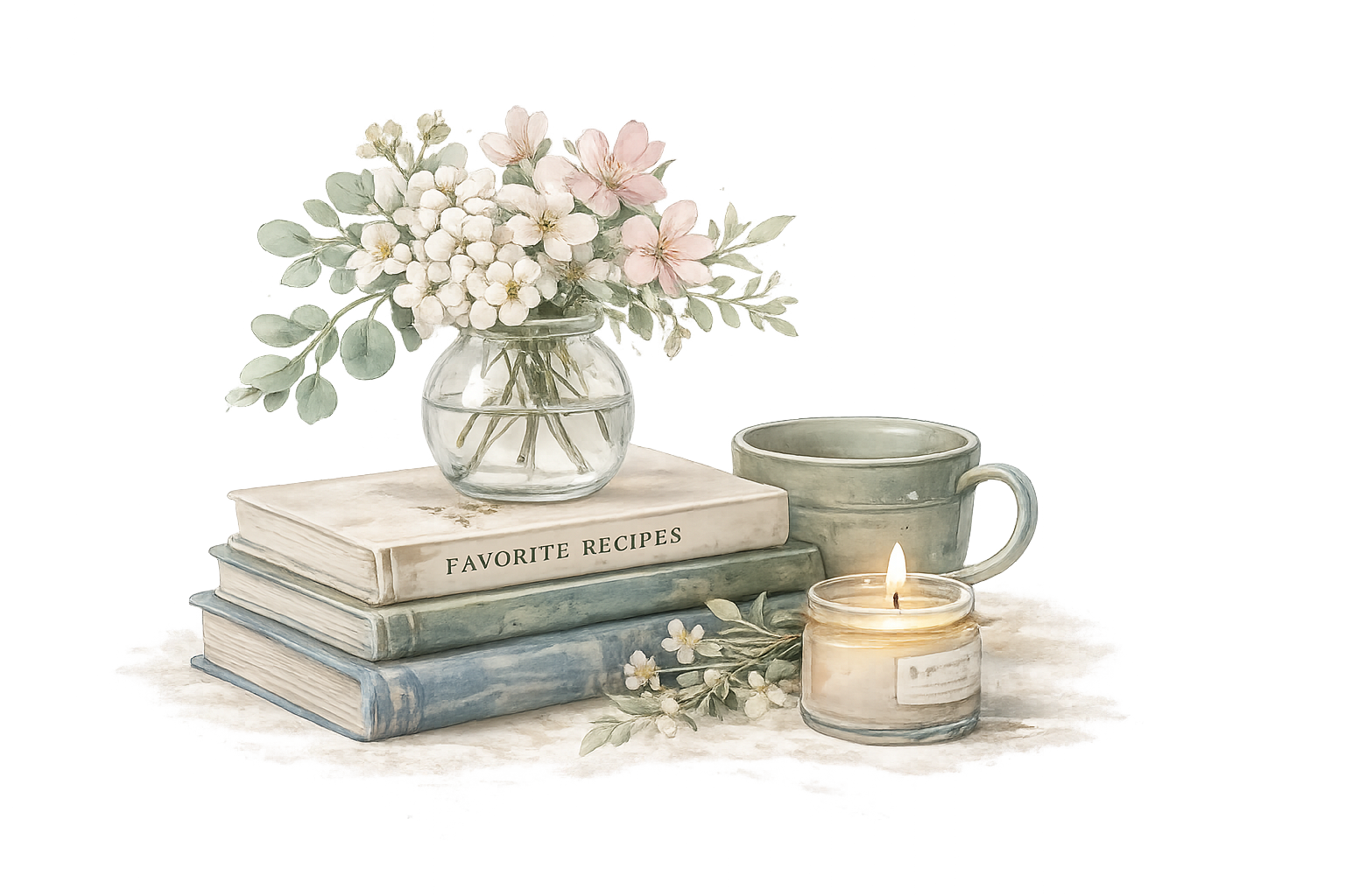 Watercolor illustration of stacked vintage recipe books with a glass vase of soft white and blush flowers, a sage green mug, and a lit candle on a transparent background.