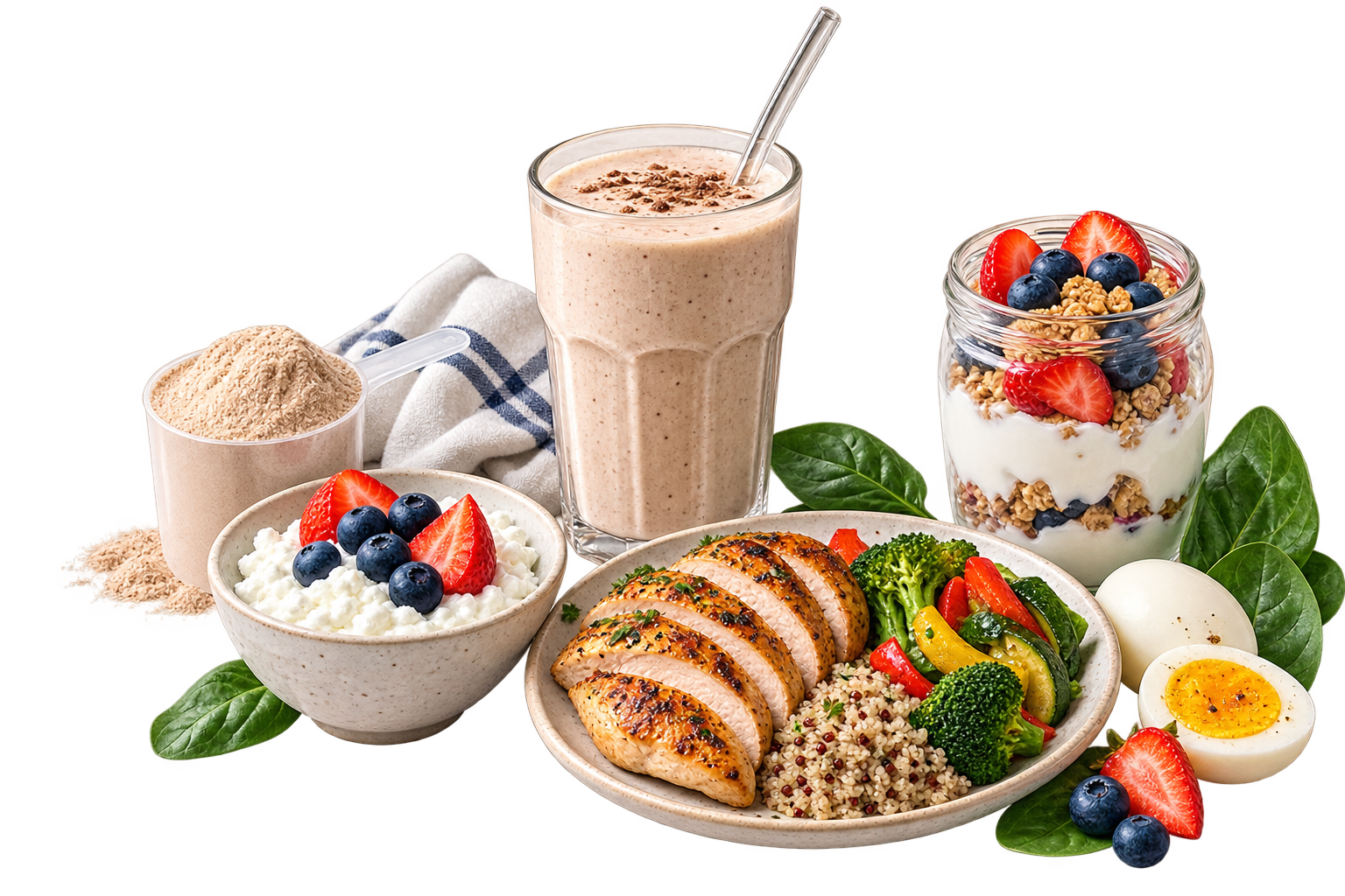 High-protein foods including grilled chicken, eggs, cottage cheese, yogurt with berries, quinoa, spinach, and a protein shake.