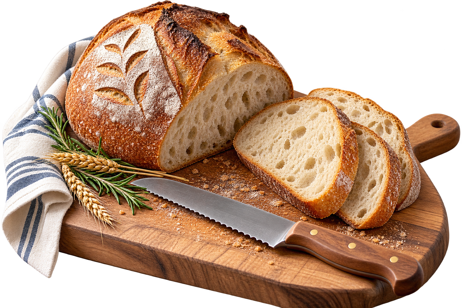 Sourdough bread on a wooden cutting board with sliced bread and a wooden-handled bread knife