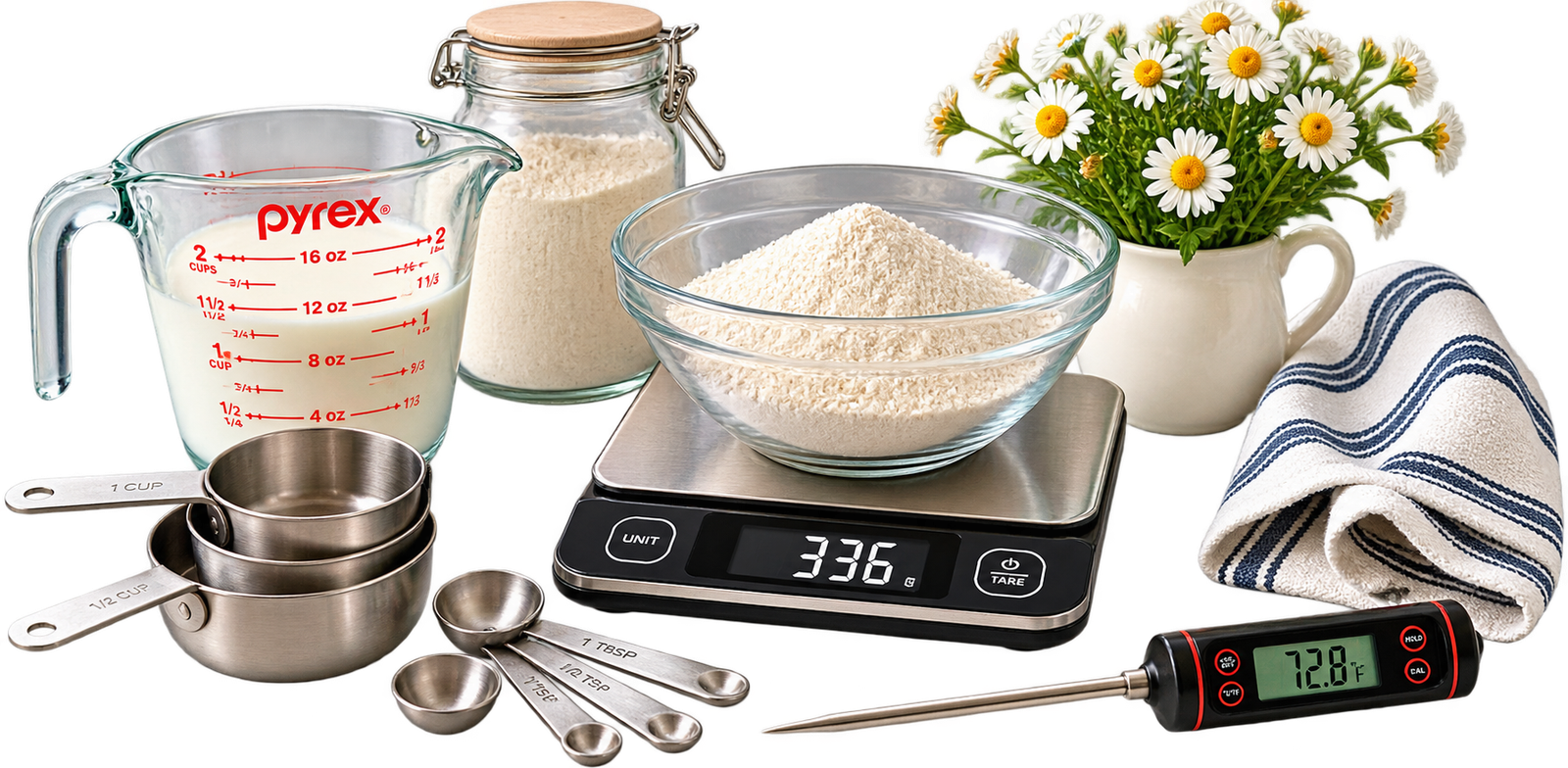 Measuring and ingredient prep tools for homemade bread baking, including a kitchen scale, measuring cups, spoons, and digital thermometer