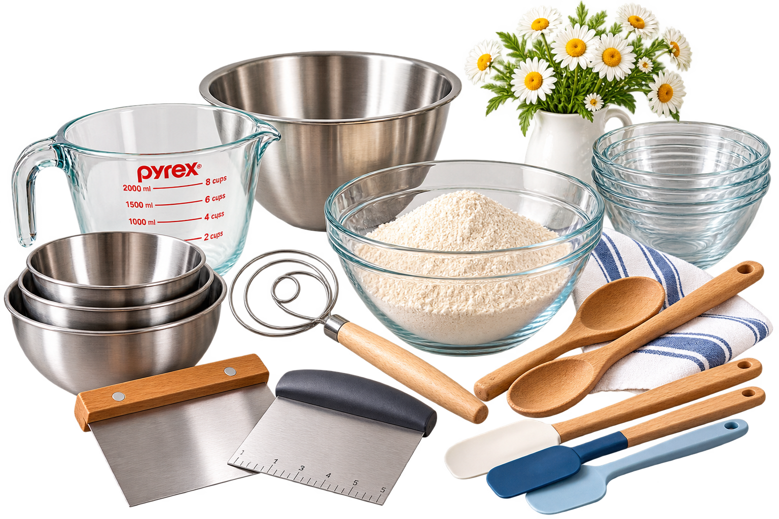 Mixing bowls, dough whisk, wooden spoons, dough scrapers, and silicone spatulas for homemade bread baking