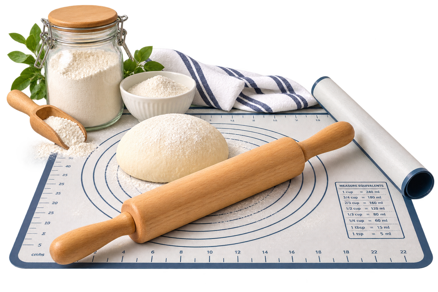 Silicone pastry mat and wooden rolling pin with homemade bread dough