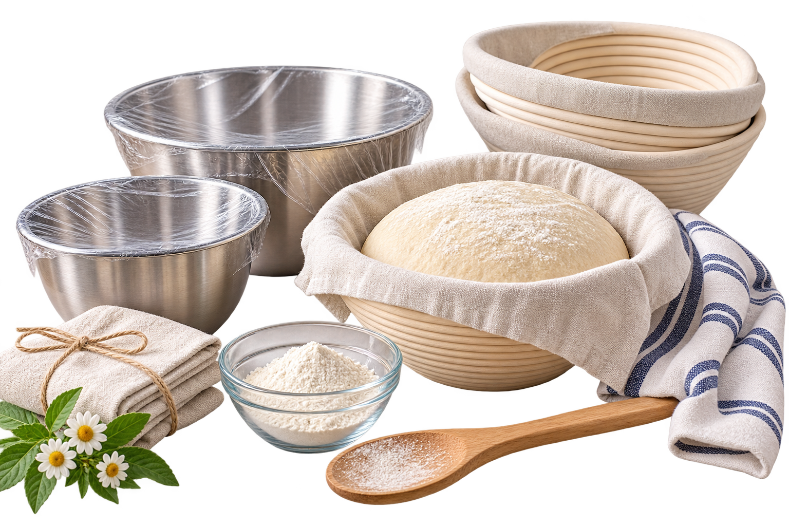 Bread proofing bowls, banneton baskets, dough covers, and kitchen towels for homemade bread