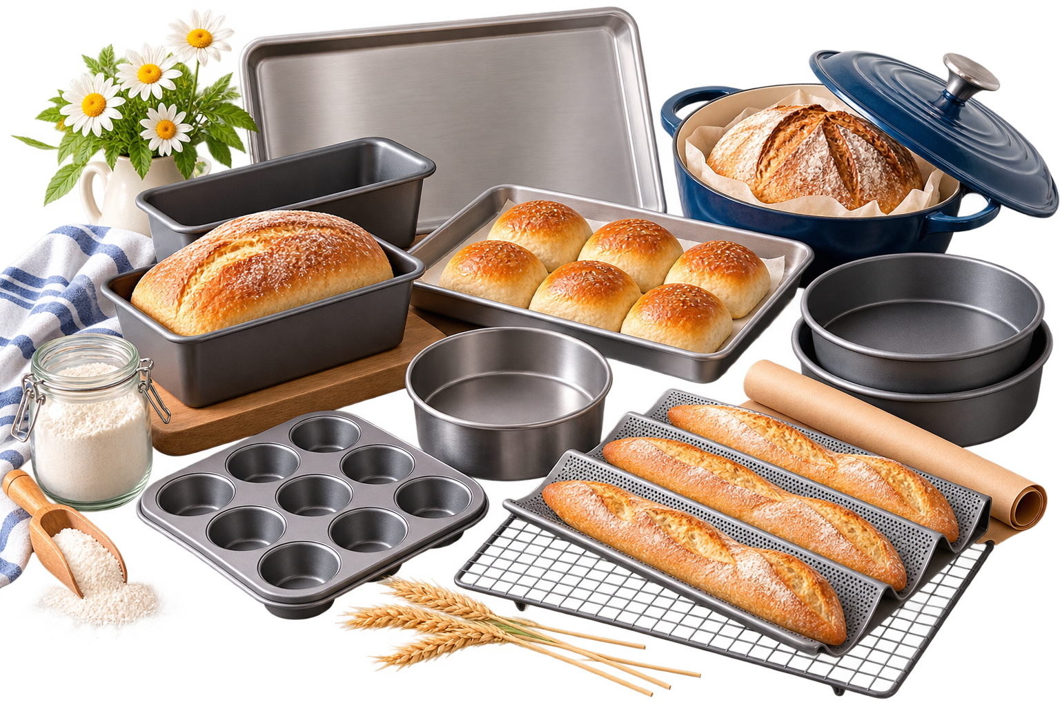 Bread pans, loaf pans, baguette pan, baking sheets, and other bakeware for homemade bread