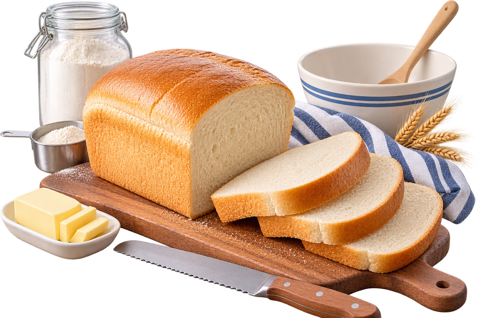 Homemade white bread loaf with slices, bread board, and baking essentials
