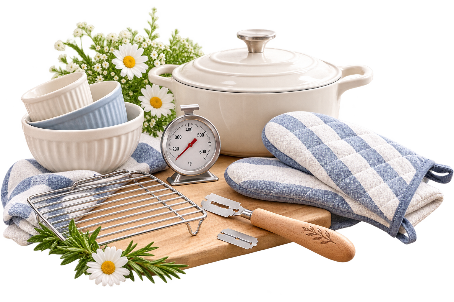 Bread baking accessories including a Dutch oven, oven mitts, baking tools, cooling rack, and mixing bowls