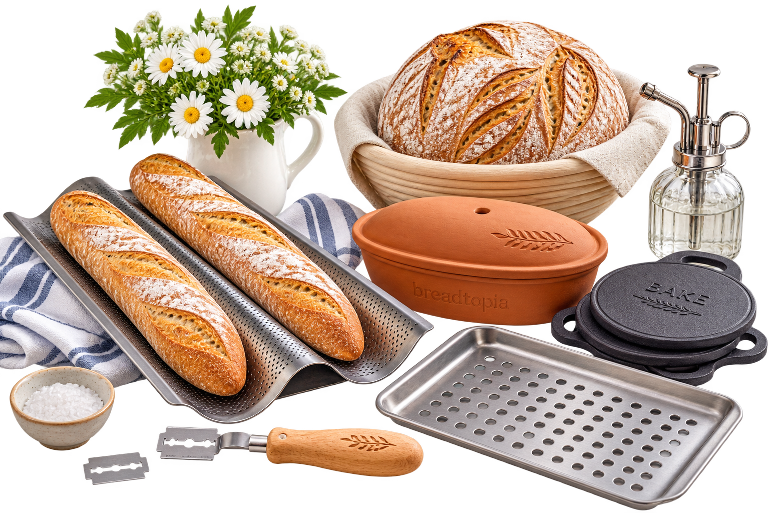 Open baking and steam tools with baguettes, perforated baking trays, bread lame, steam mister, and sourdough bread