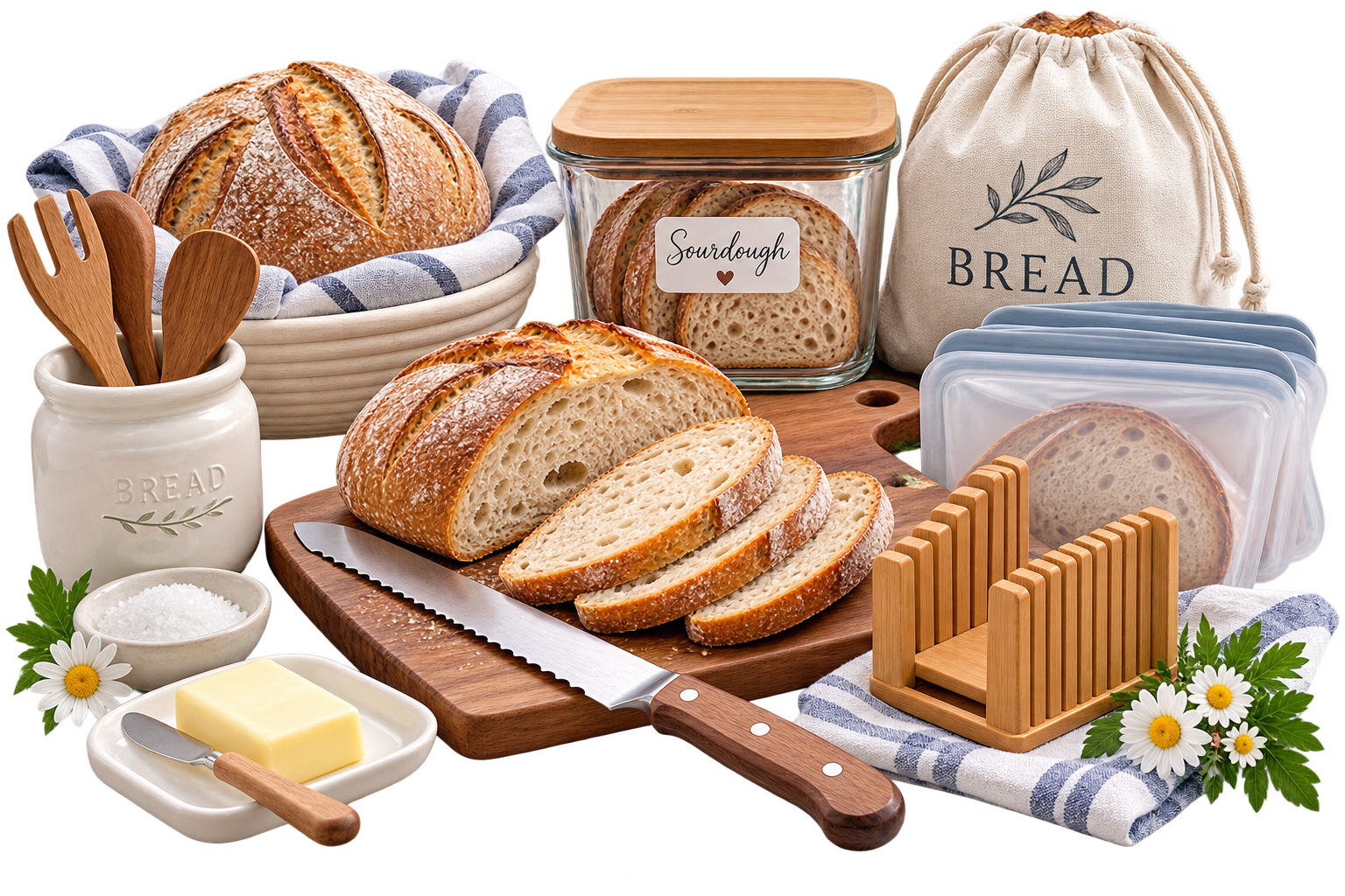 Bread slicing and storage setup with sourdough bread, serrated bread knife, cutting board, bread bags, and storage containers