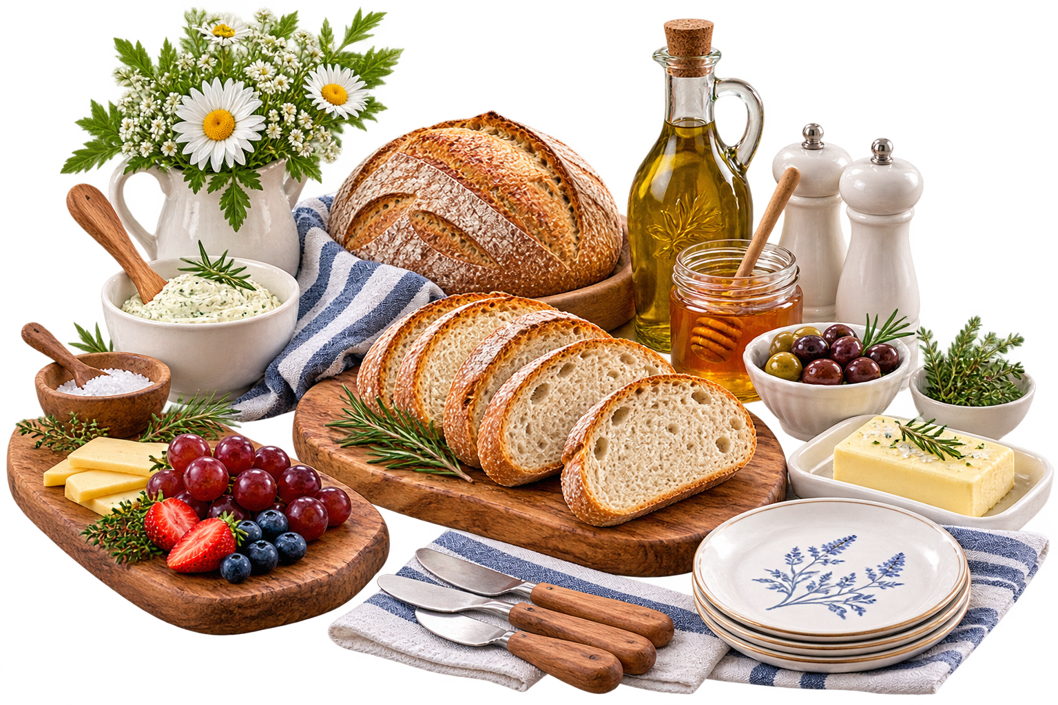 Bread serving and presentation with sliced sourdough, serving boards, butter, herbs, fruit, honey, and tableware