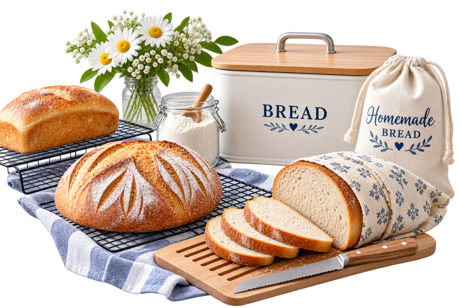 Cooling racks, bread bags, and bread storage box for homemade bread