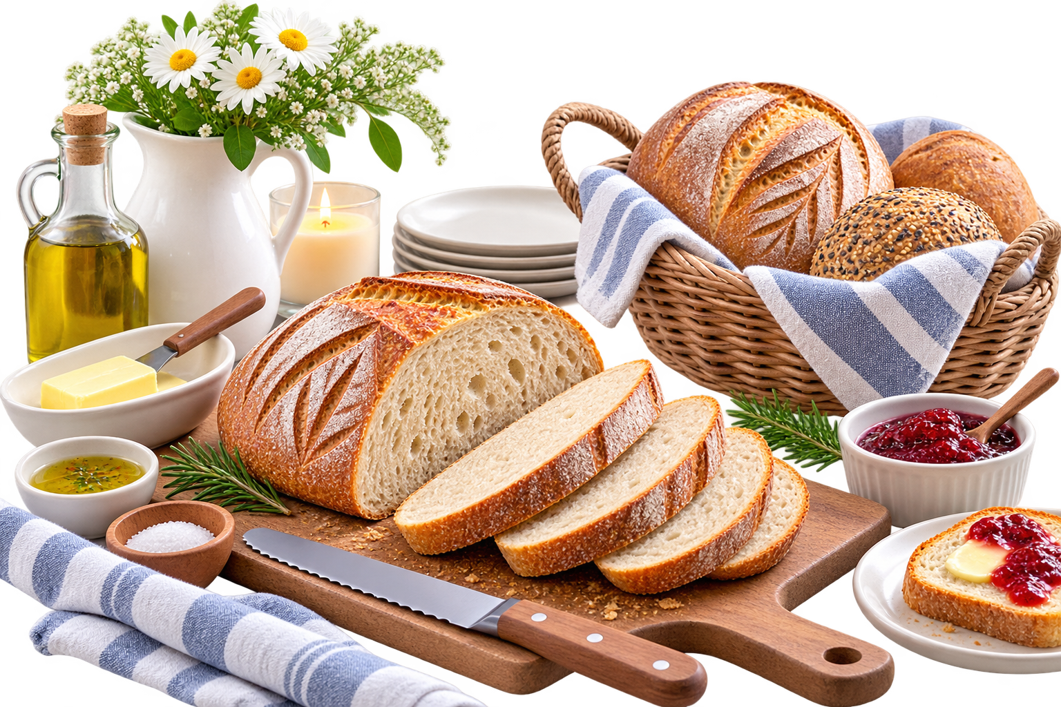 Homemade bread served on a wooden bread board with a wicker serving basket and butter dish
