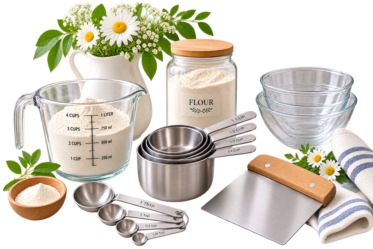 Stainless steel measuring cups and spoons, a glass measuring cup, mixing bowls, flour jar, dough scraper, and kitchen towel arranged for sourdough baking.