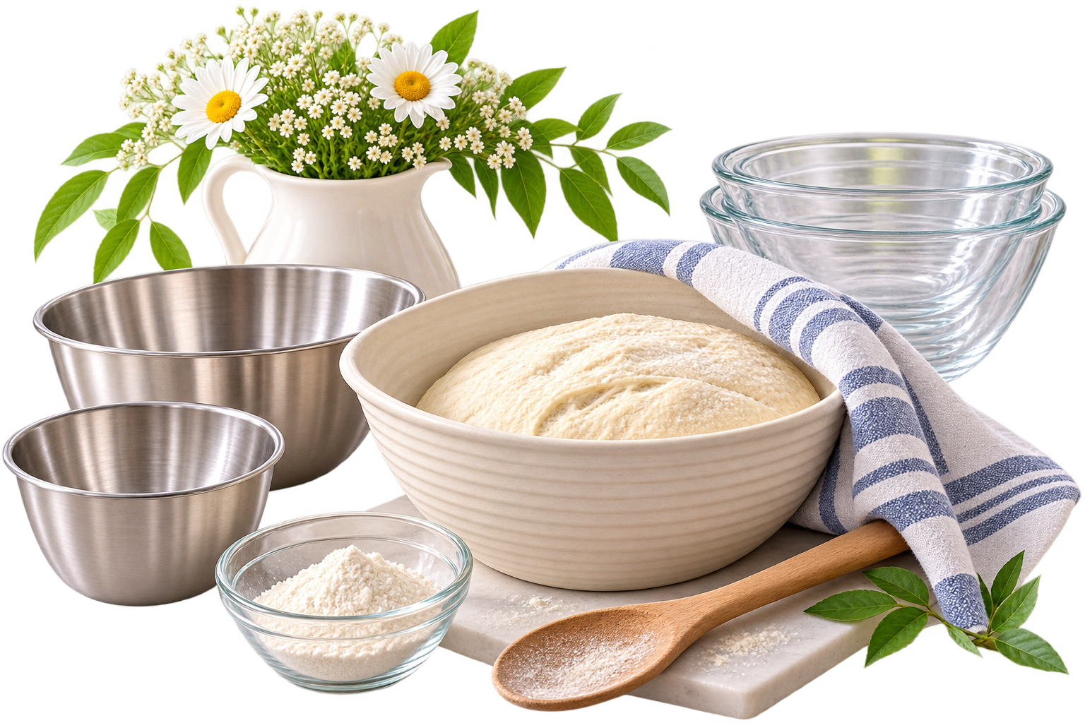 Bread baking supplies with dough in a bowl, mixing bowls, flour, spoon, and kitchen towel