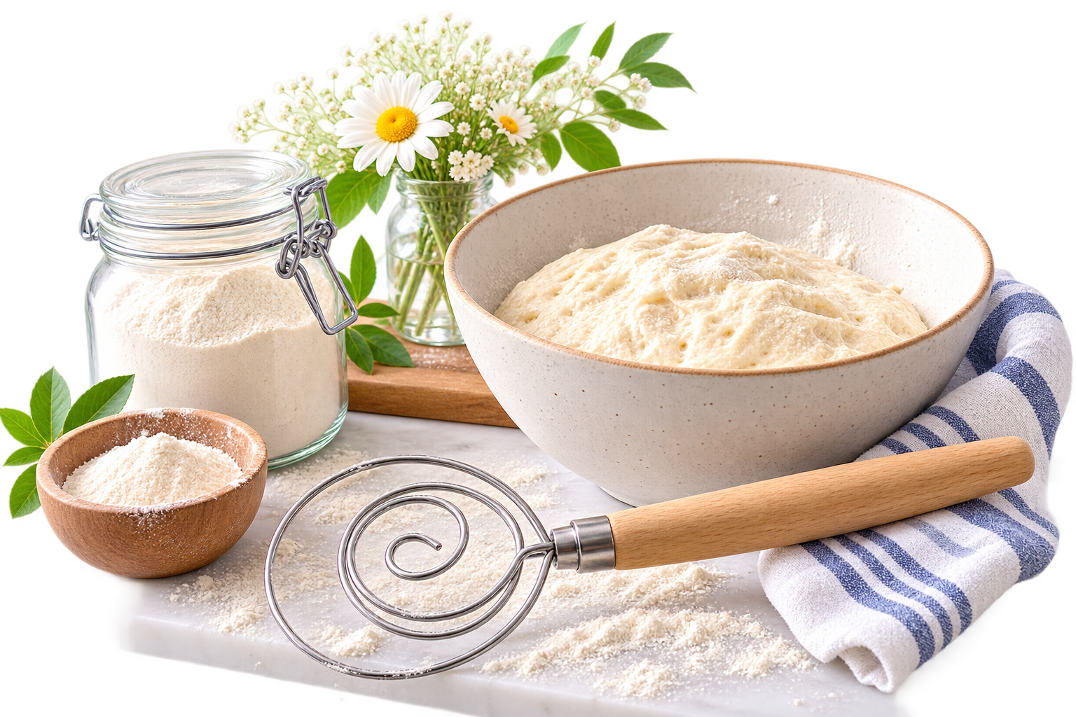 Homemade bread dough in a bowl with flour, dough whisk, and bread baking supplies