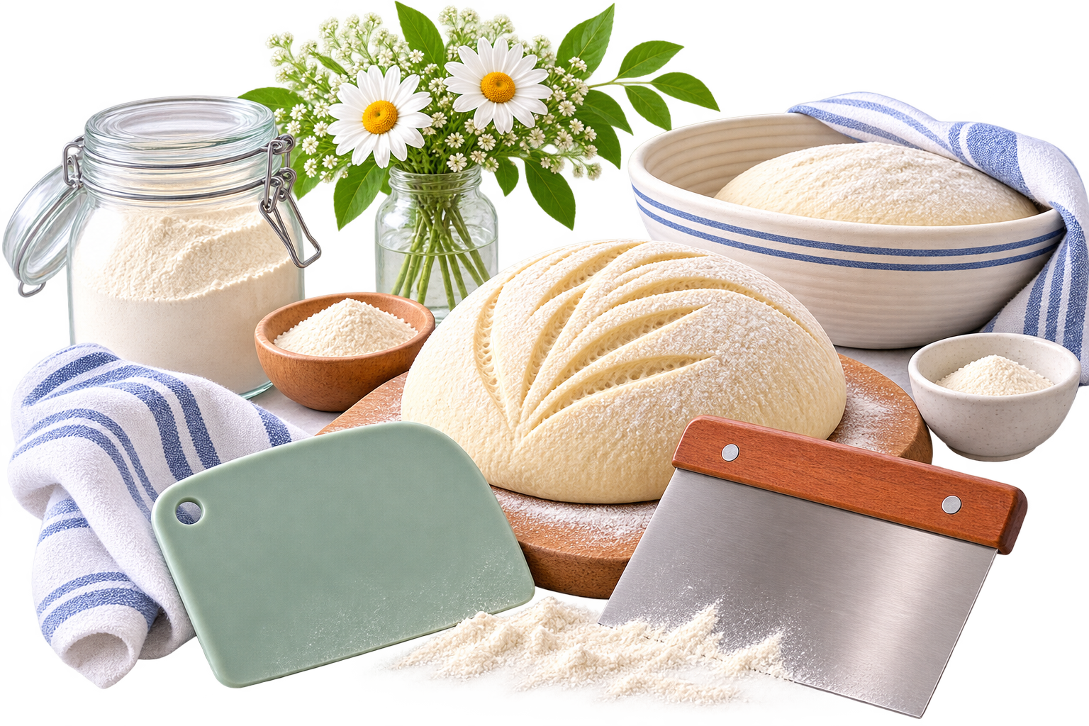 Homemade bread loaf on a wooden board with flour, bread dough, and baking tools