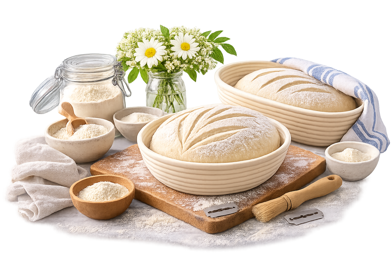 Homemade bread loaves in proofing baskets with flour and bread baking tools