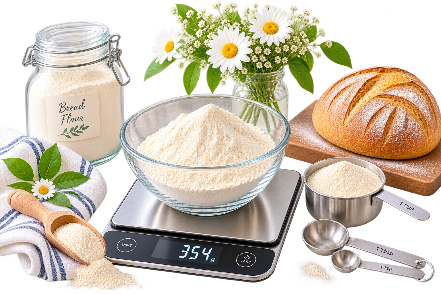 Glass bowl of bread flour on a digital kitchen scale, surrounded by baking flour, measuring cups, a bread flour jar, artisan sourdough bread, and fresh daisies.