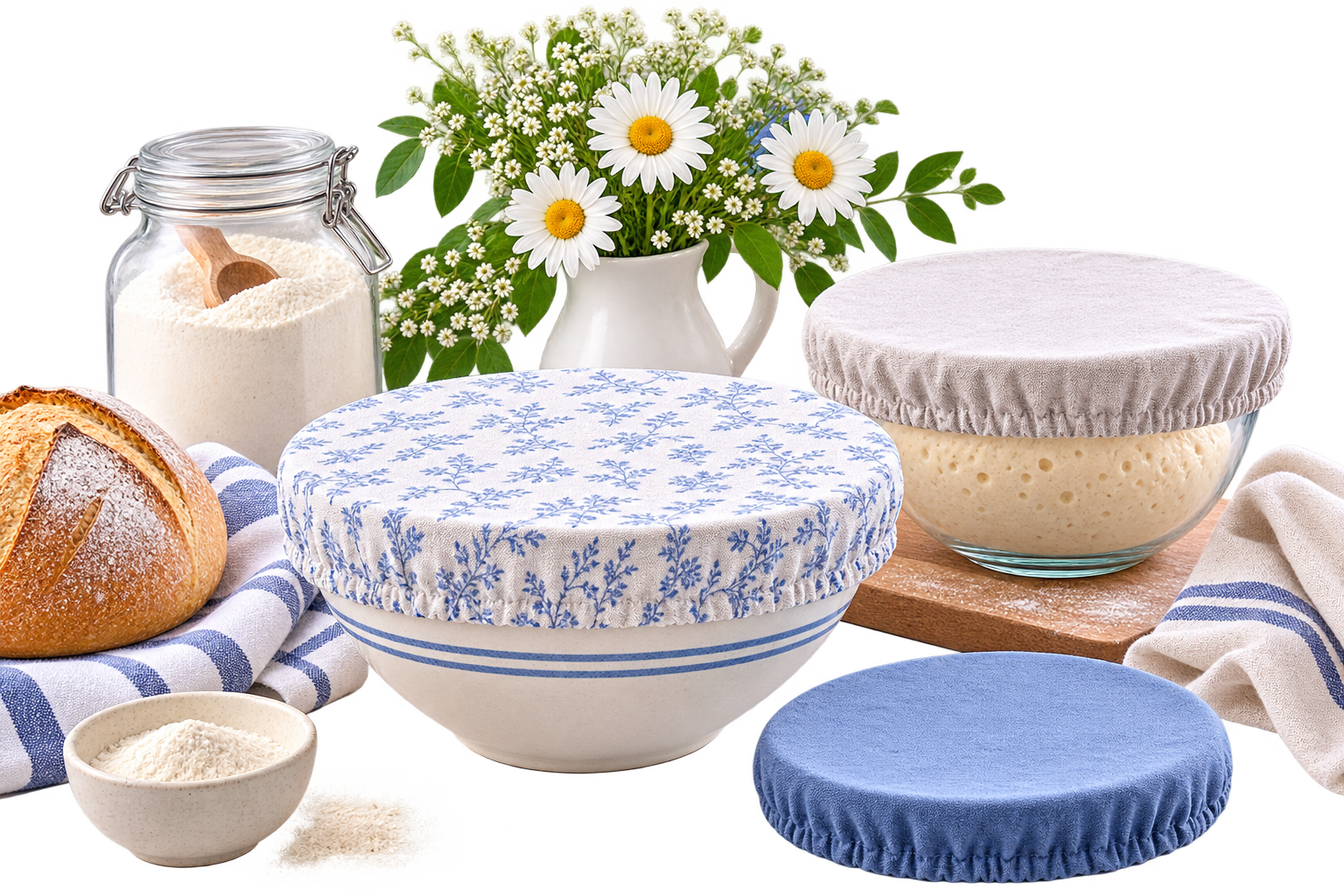 Sourdough starter and homemade bread with flour and covered bowls for bread baking