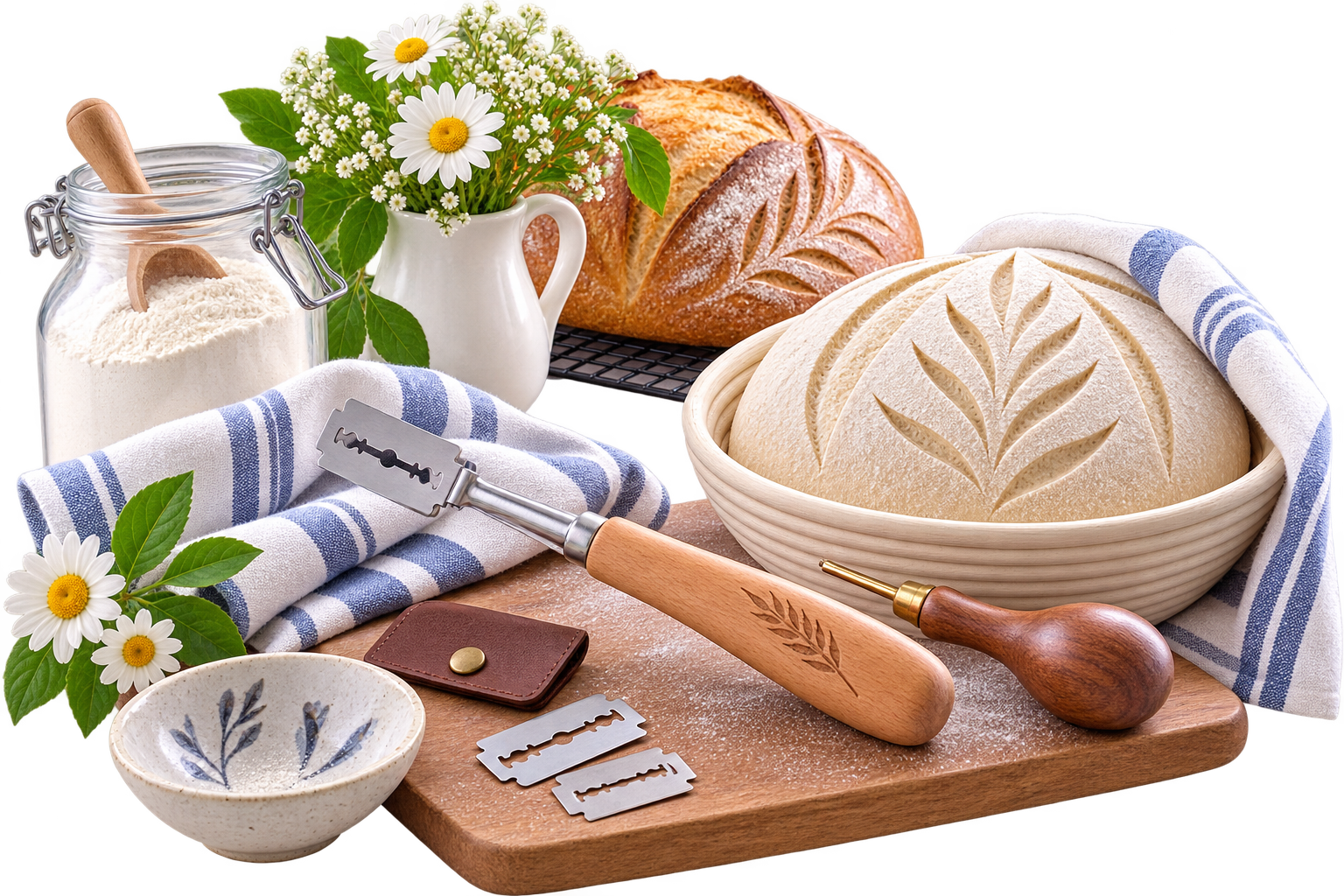 Sourdough bread baking with proofing basket, bread lame, flour, and baking tools
