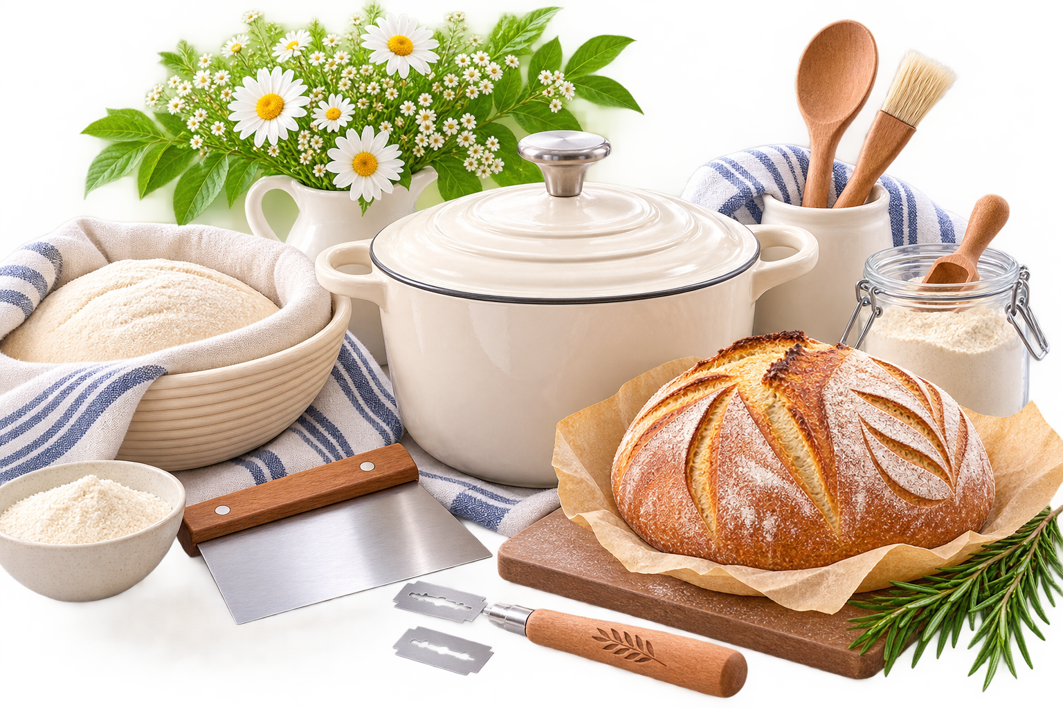Sourdough bread baking with Dutch oven, flour, dough, bread lame, and baking tools
