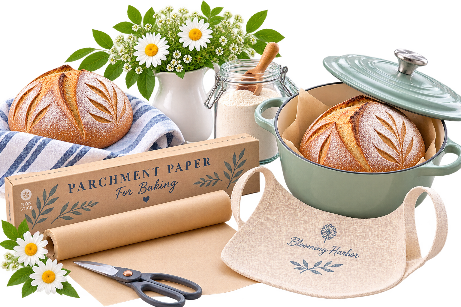 Sourdough bread baking with Dutch oven, parchment paper, flour, and baking tools