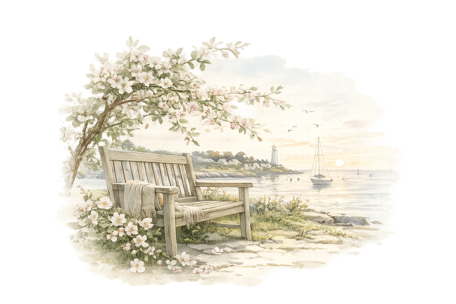 A watercolor-style illustration of a weathered wooden bench beneath a blooming apple blossom tree overlooking a peaceful coastal harbor at sunrise. A lighthouse, sailboat, and flying seabirds appear in the distance, creating a calm, reflective scene.