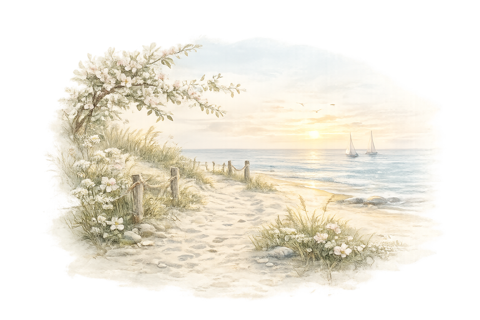 A watercolor-style illustration of a weathered wooden bench beneath a blooming apple blossom tree overlooking a peaceful coastal harbor at sunrise. A lighthouse, sailboat, and flying seabirds appear in the distance, creating a calm, reflective scene.