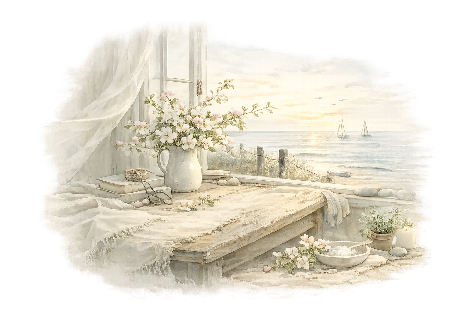 A watercolor-style illustration of a cozy seaside window with flowing white curtains, a vase of blooming apple blossoms, and a rustic wooden table overlooking a calm ocean at sunrise. Two sailboats drift across the water, creating a peaceful coastal retreat.