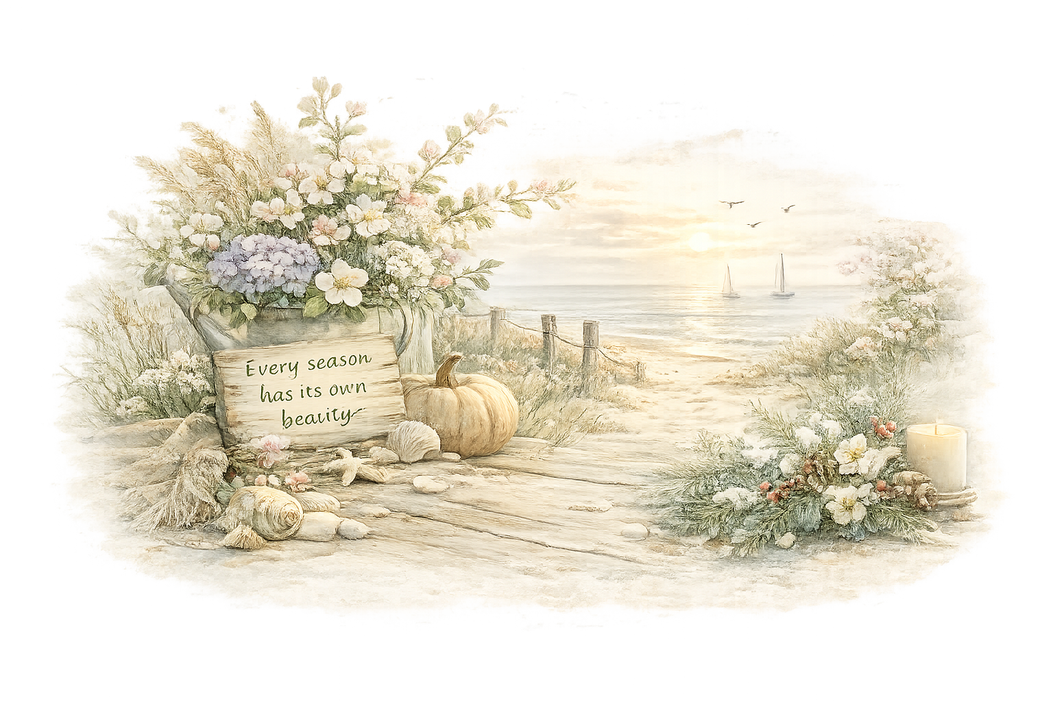 A watercolor-style coastal scene featuring a wooden sign reading "Every season has its own beauty," surrounded by blooming flowers, a pumpkin, seashells, and a candle. A sandy path leads to the ocean at sunrise where two sailboats rest on calm water.