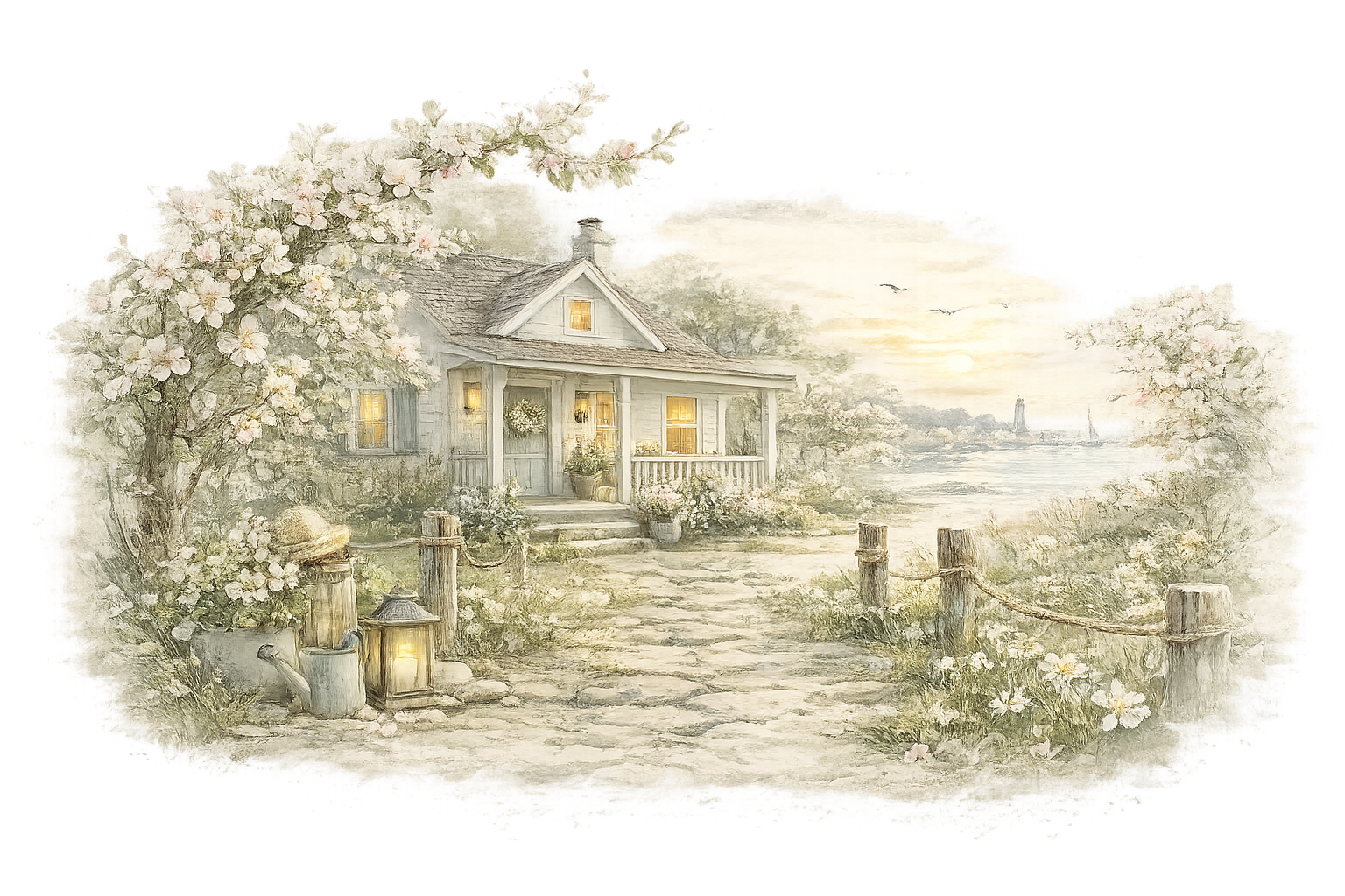 A watercolor-style illustration of a charming white coastal cottage surrounded by blooming apple blossom trees. A stone path leads to the front porch, while a peaceful harbor with a lighthouse and sailboats glows beneath a soft sunrise.