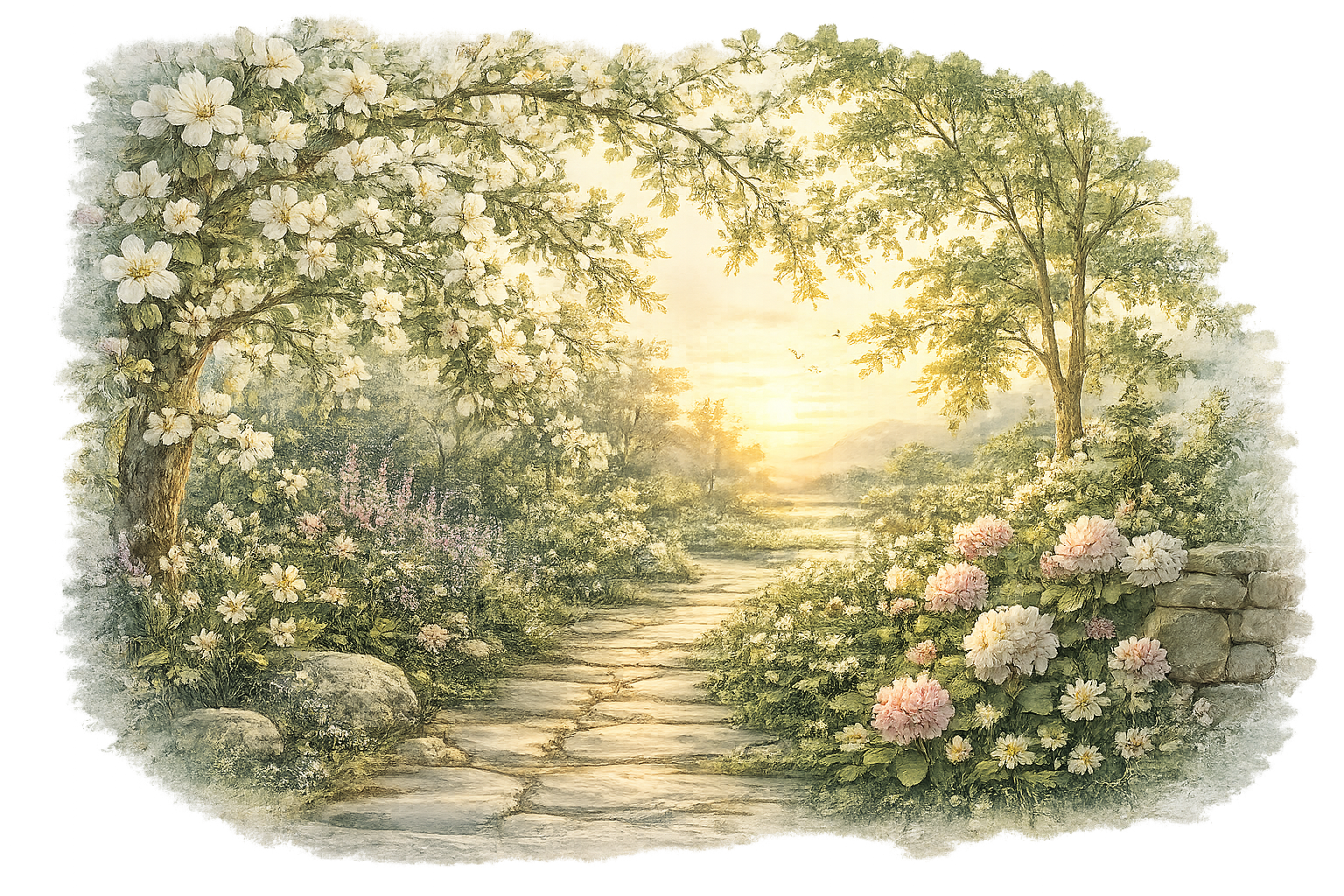 A peaceful stone pathway winds beneath blooming trees and soft pink and white flowers, leading toward warm golden sunlight in a tranquil garden. The watercolor-style scene evokes hope, renewal, and quiet reflection.