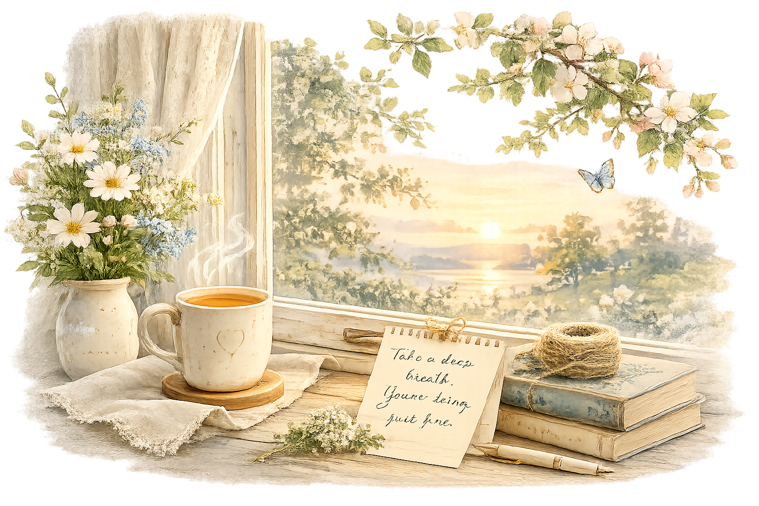 A cozy sunlit windowsill featuring a steaming cup of tea, fresh wildflowers in a vase, stacked books, and a handwritten note that reads, "Take a deep breath. You're doing just fine." Soft morning light creates a peaceful and comforting atmosphere.