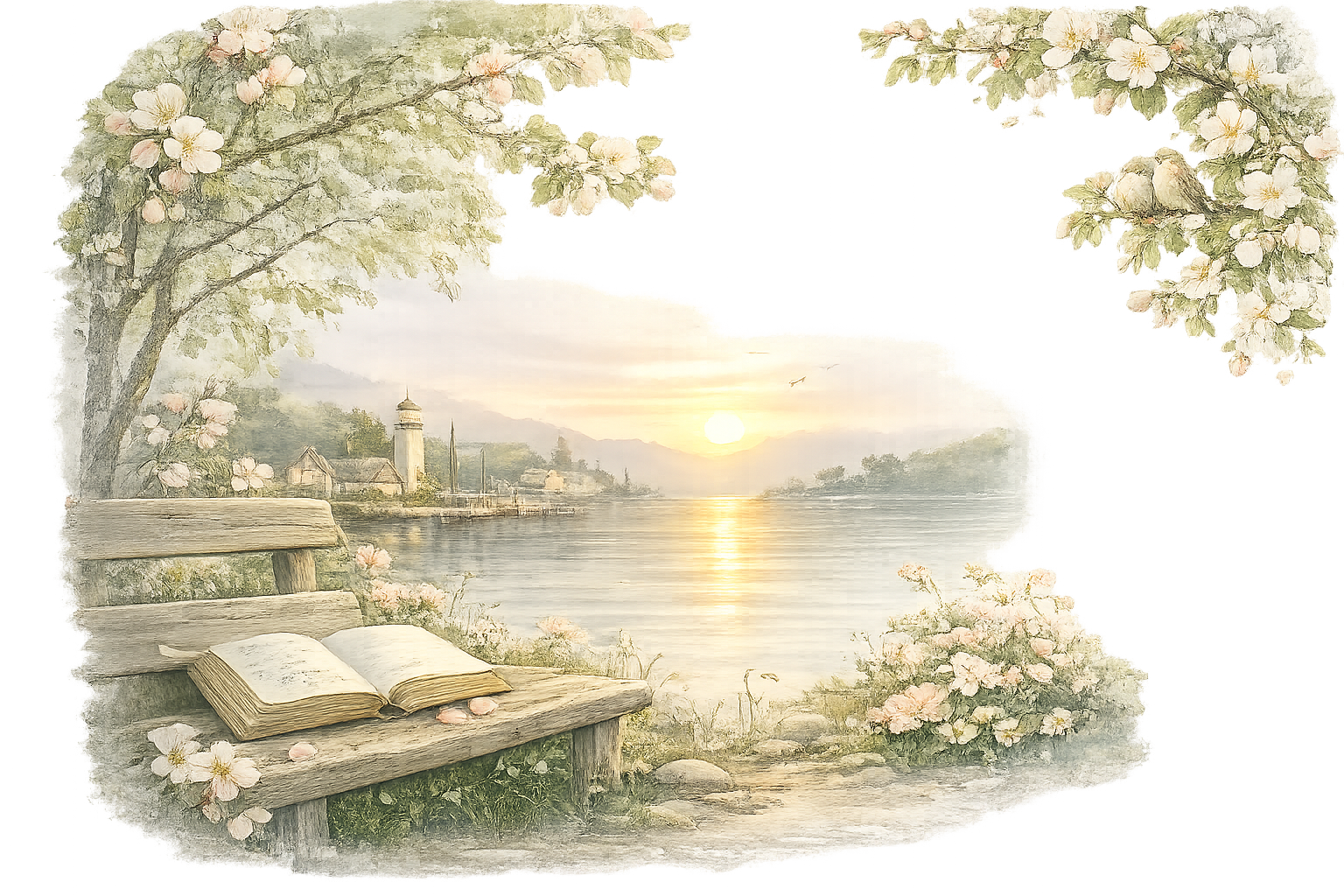 A peaceful lakeside sunrise with an open book resting on a rustic wooden bench beneath blooming apple blossoms. A small lighthouse, distant mountains, and soft pink flowers create a tranquil scene that invites quiet reflection and hope.