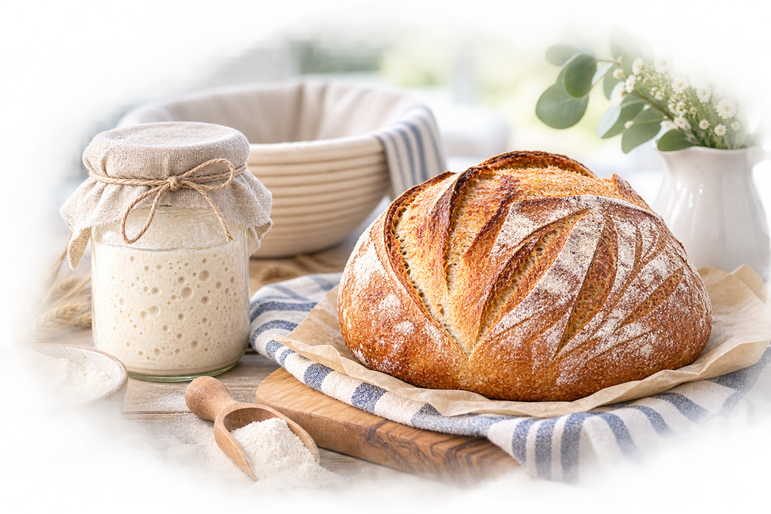 Sourdough bread loaf with a sourdough starter and baking supplies
