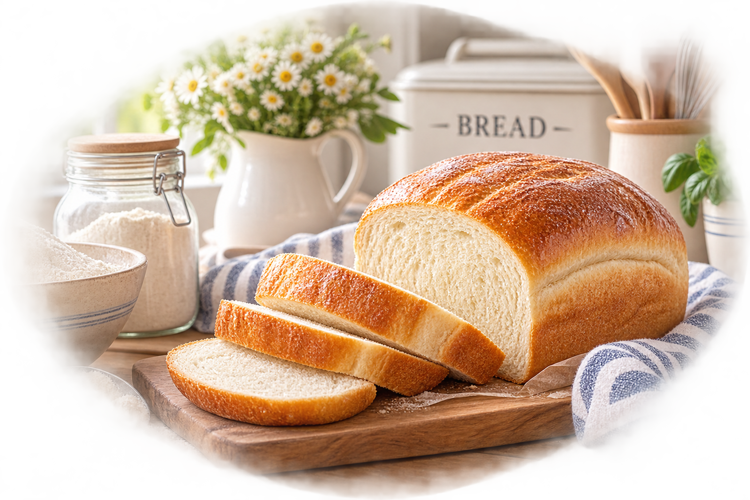 Fresh homemade bread loaf sliced on a wooden board with baking supplies