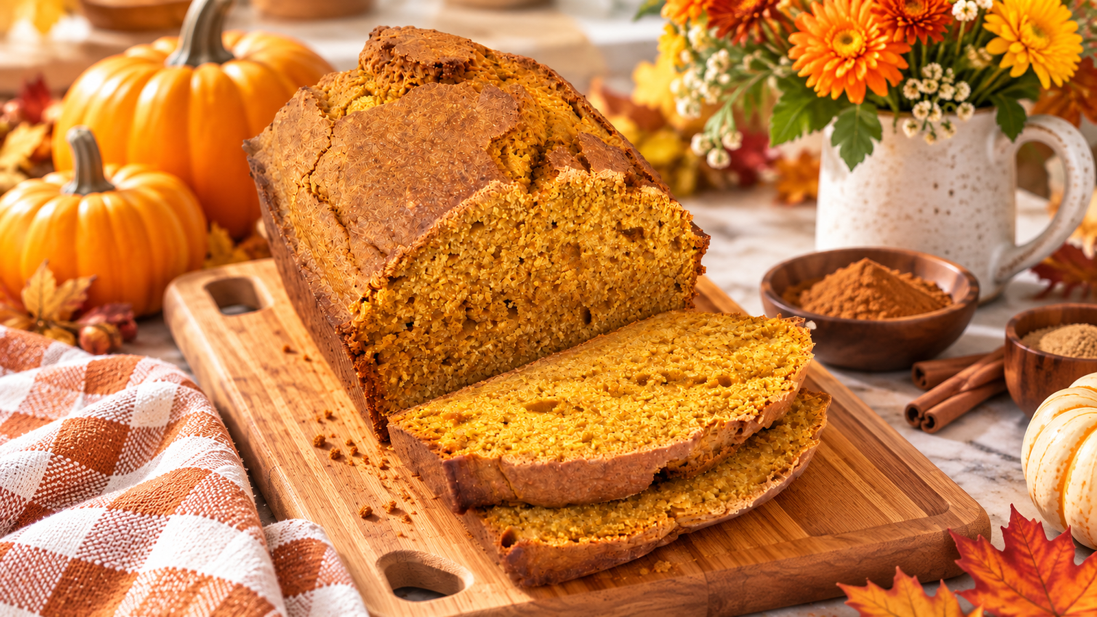 Freshly baked pumpkin bread sliced on a wooden cutting board, surrounded by pumpkins, fall flowers, cinnamon, and warm autumn accents.